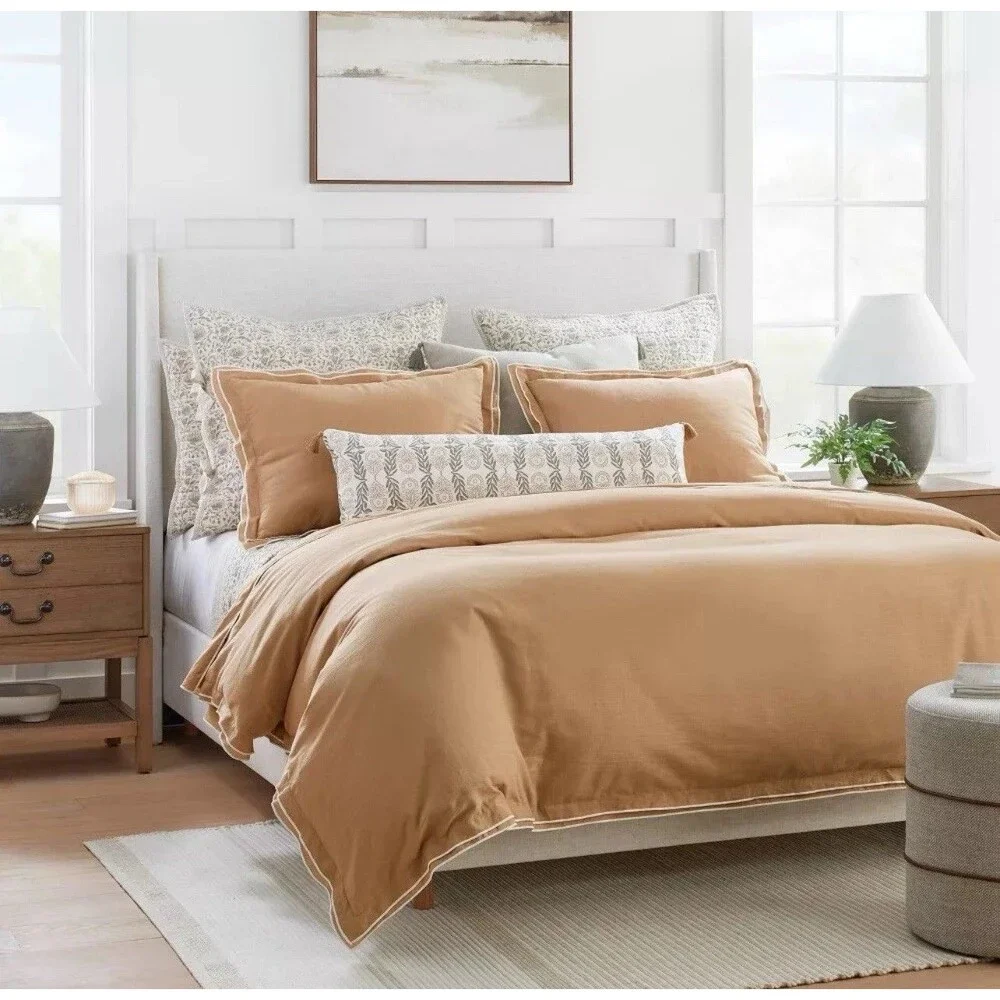 King Double Flange Merrow Stitch Duvet Cover & Sham Set Camel/Off-White NEW